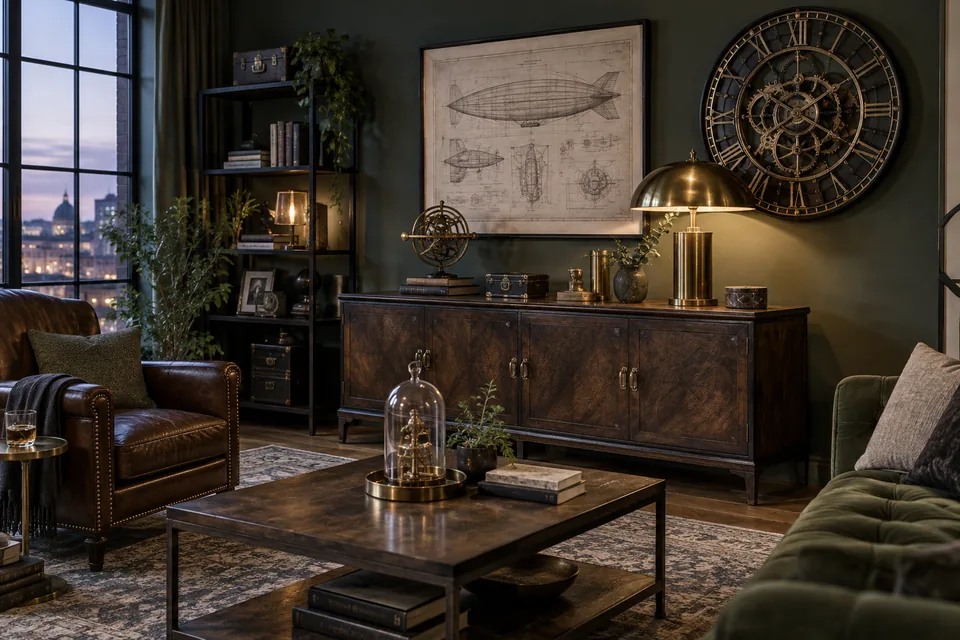 Salon steampunk élégant avec fauteuil en cuir, horloge mécanique, lampe en laiton et illustration technique