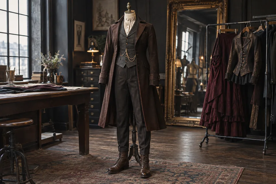 Atelier de tailleur avec tenue steampunk complète sur mannequin et vêtements coordonnés