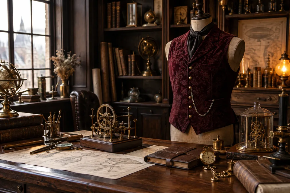 Atelier steampunk avec mannequin en gilet grenat, instruments en laiton et plans techniques