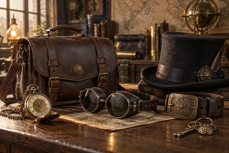 Sac en cuir, chapeau, lunettes, montre et accessoires steampunk sur un bureau ancien