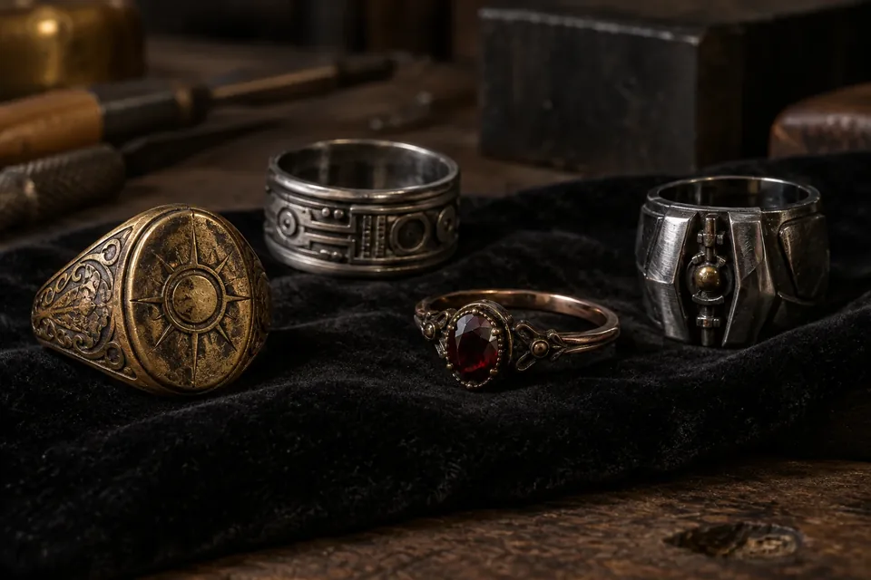 Bagues steampunk en laiton, argent oxydé et métal sombre photographiées en gros plan