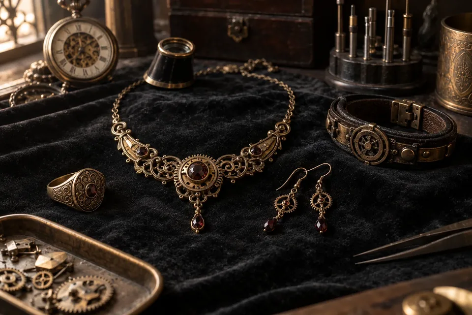Collection de bijoux steampunk en laiton et métal patiné sur velours noir