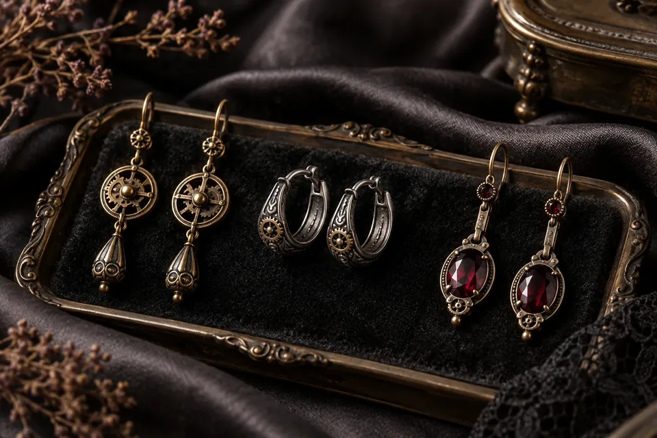 Boucles d’oreilles steampunk en laiton, argent oxydé et pierre grenat