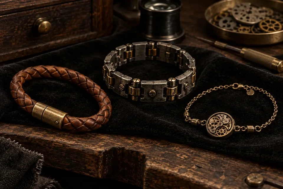 Bracelets steampunk en cuir tressé, laiton et métal patiné