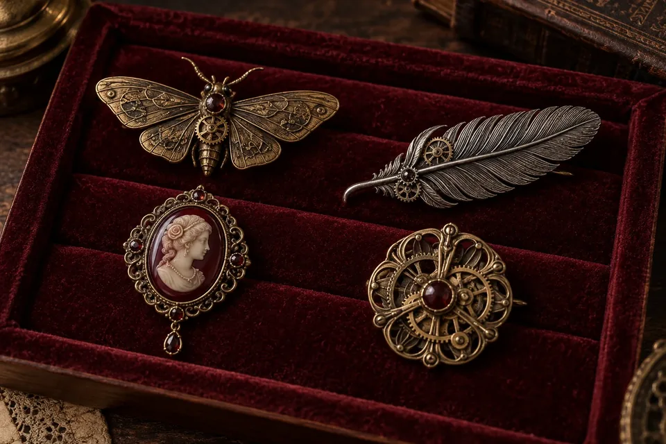 Broches steampunk en forme de papillon, plume, camée et rosace mécanique