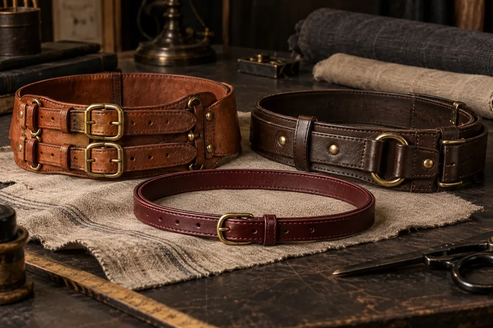 Ceintures steampunk en cuir cognac, brun et grenat avec boucles en laiton