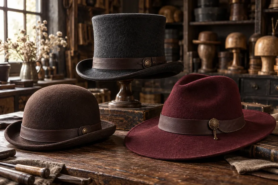 Haut-de-forme, chapeau melon et chapeau grenat steampunk dans un atelier de modiste