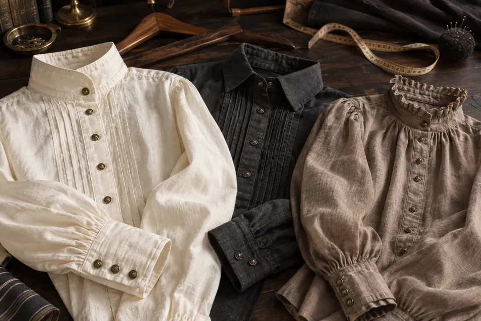 Chemises steampunk ivoire, anthracite et taupe soigneusement présentées