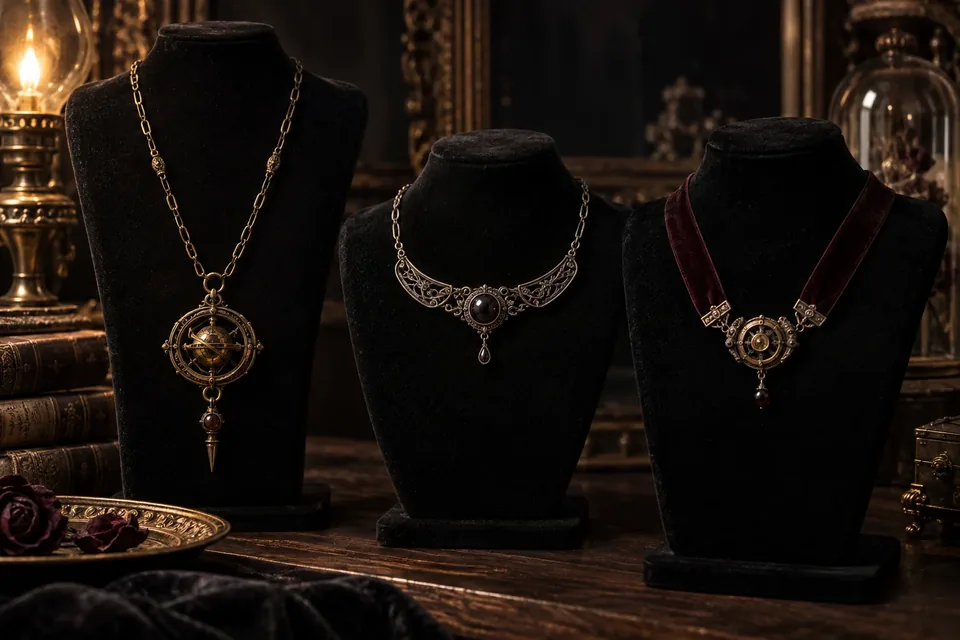 Colliers steampunk présentés sur des bustes en velours noir