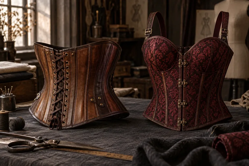 Corset en cuir brun et bustier grenat steampunk dans un atelier textile