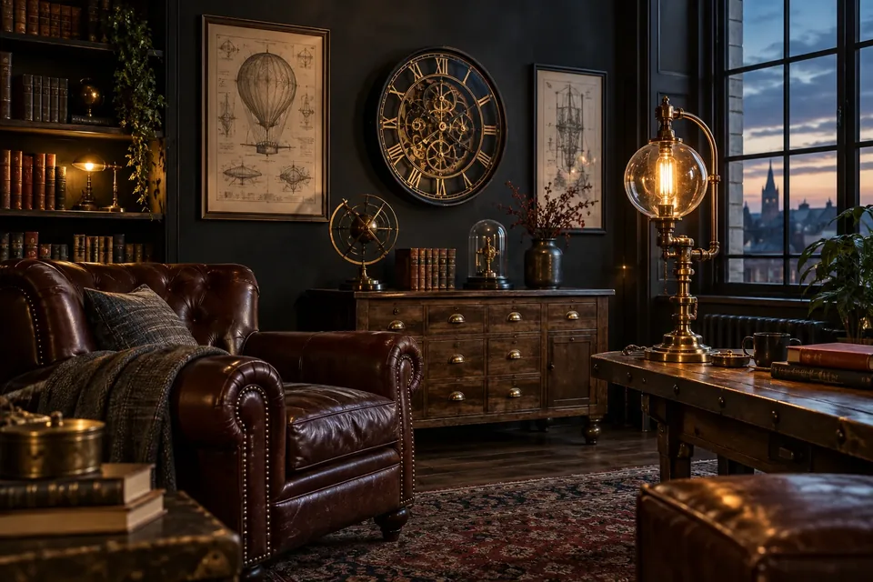Salon steampunk élégant avec horloge, luminaires en laiton et tableaux mécaniques