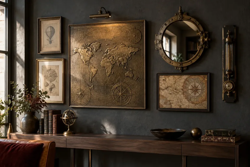 Composition murale steampunk avec cartes anciennes, miroir et relief en laiton