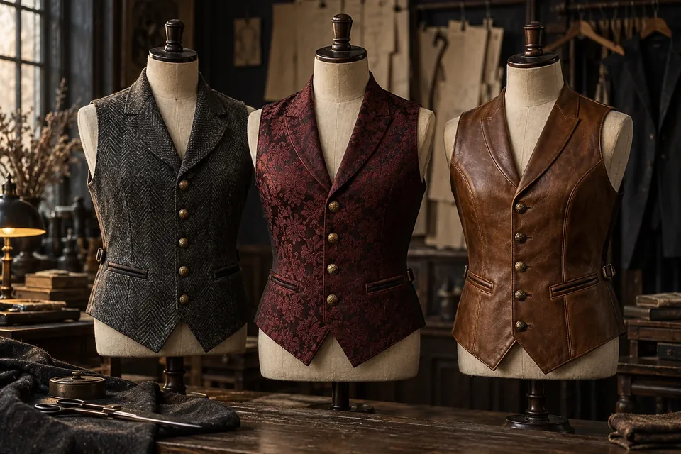 Gilets steampunk en laine anthracite, jacquard grenat et cuir cognac