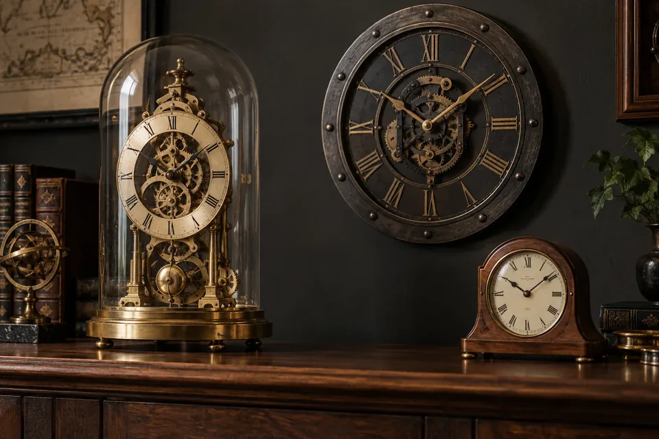 Horloges steampunk de table et murale en laiton, métal sombre et bois