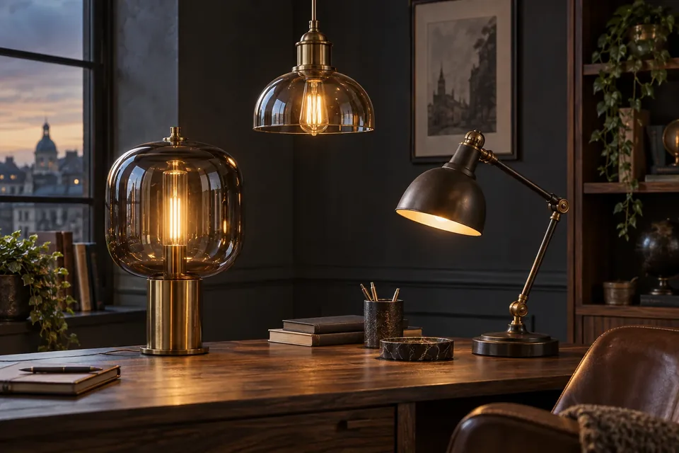 Lampes steampunk en laiton, métal noir et verre fumé dans un intérieur élégant