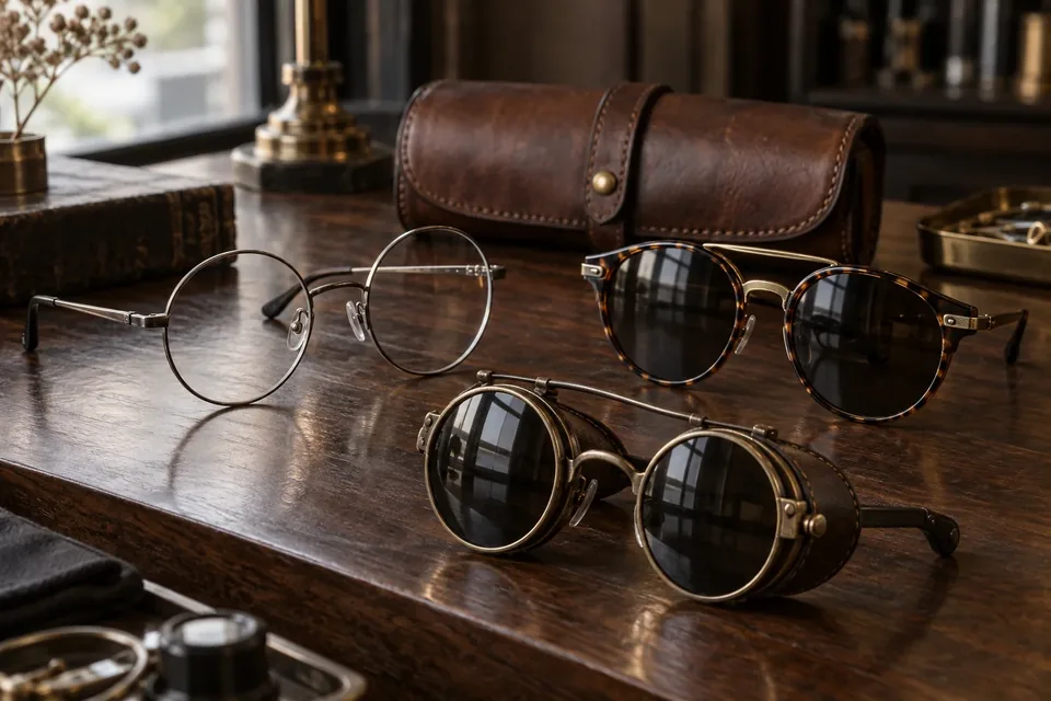 Lunettes rondes, solaires et lunettes fumées d’inspiration steampunk