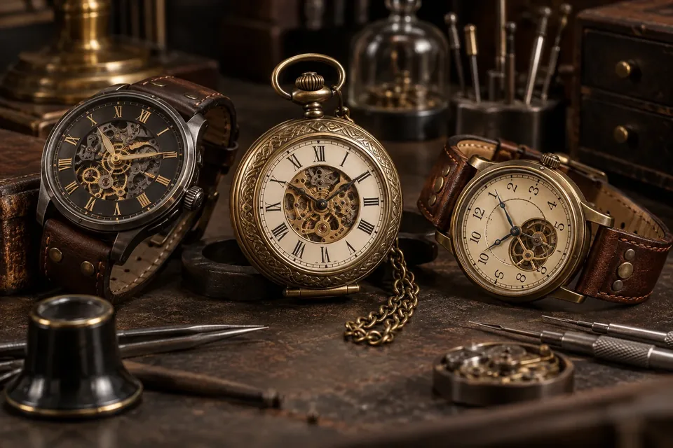 Montres steampunk de poche et de poignet sur un établi d’horloger