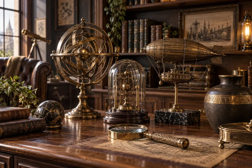 Objets décoratifs steampunk en laiton et verre présentés dans une bibliothèque