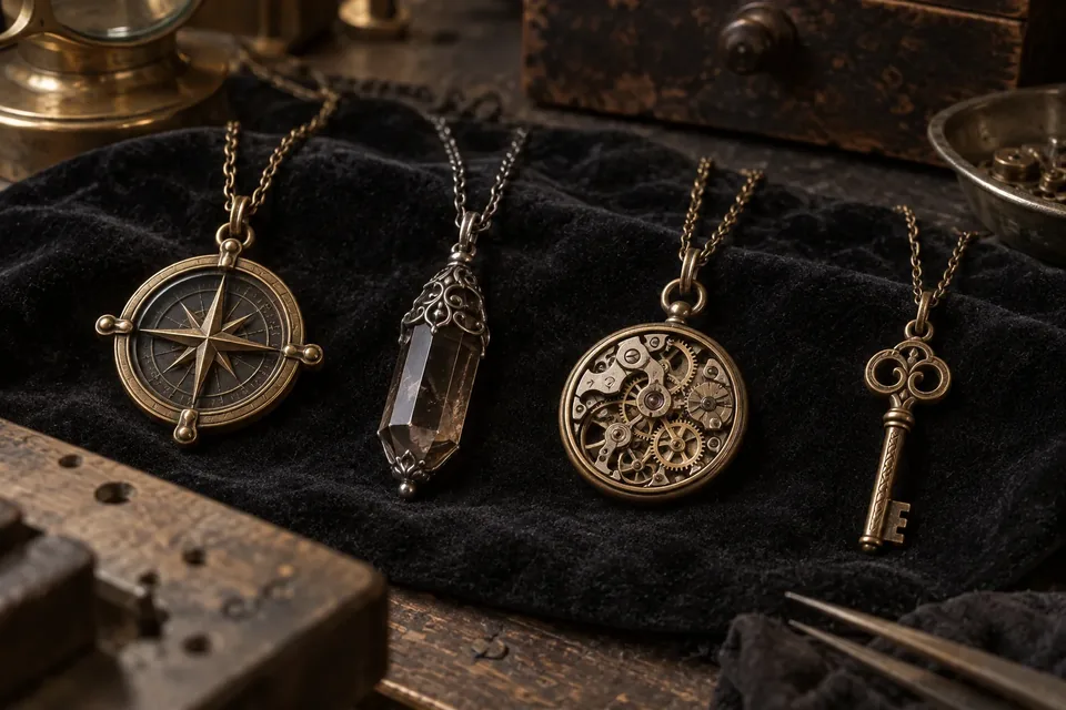 Pendentifs steampunk en laiton, métal sombre et cristal fumé