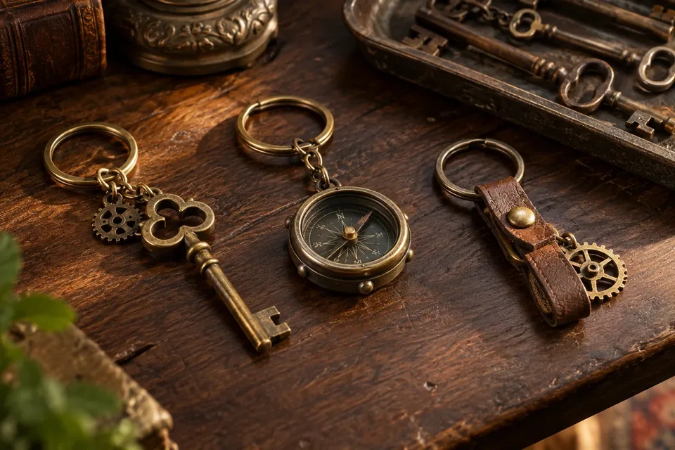 Porte-clés steampunk en laiton et cuir sur une table en bois sombre