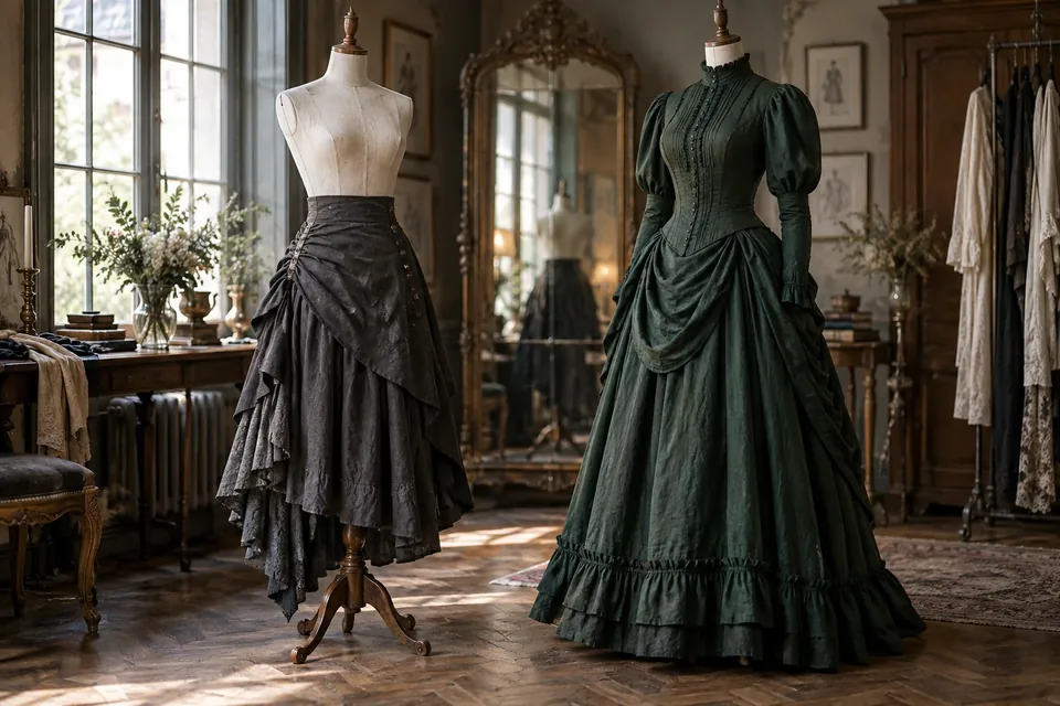 Robe verte victorienne et jupe anthracite steampunk sur des mannequins