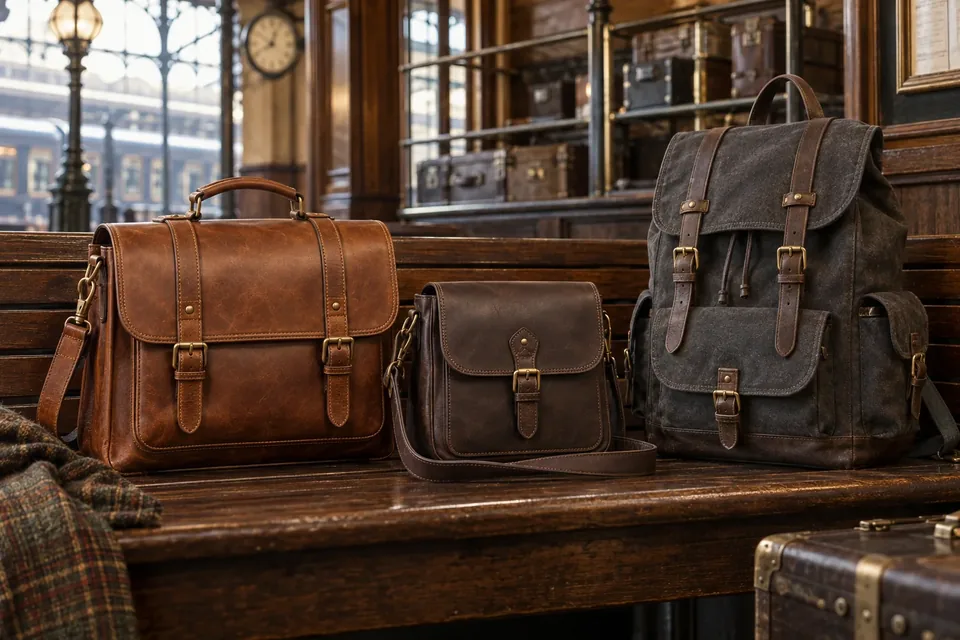 Sacs steampunk en cuir cognac, cuir brun et toile anthracite