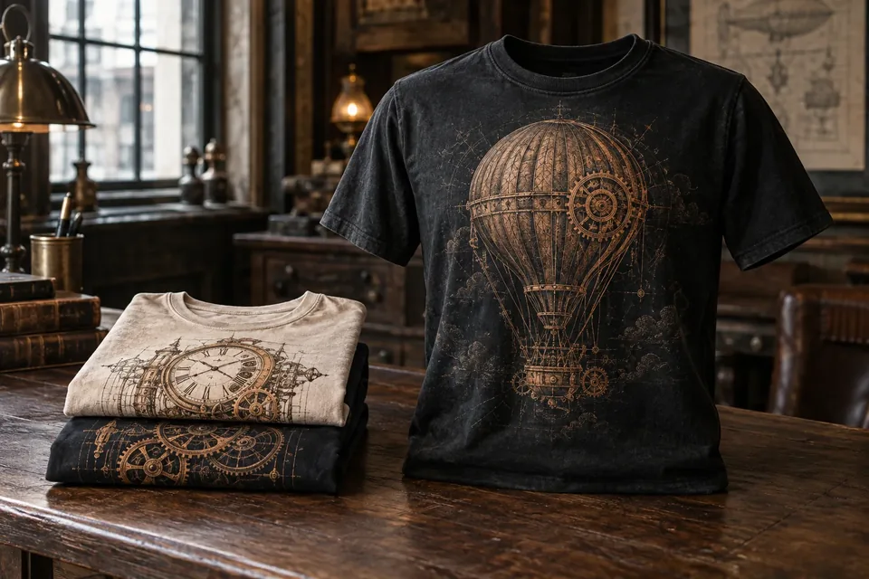 T-shirts steampunk noirs et ivoire aux motifs mécaniques sur une table en bois sombre