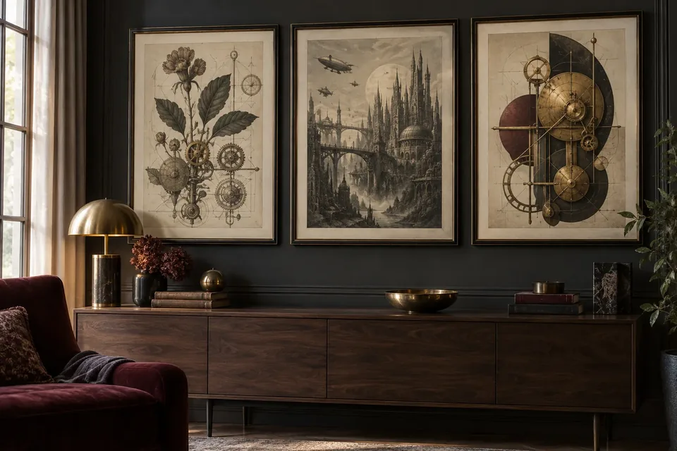 Triptyque de tableaux steampunk encadrés sur un mur anthracite