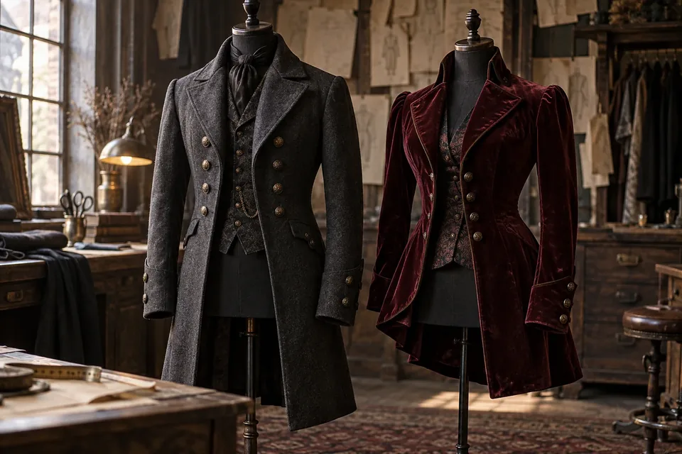 Veste en velours grenat et manteau anthracite steampunk sur des mannequins de tailleur