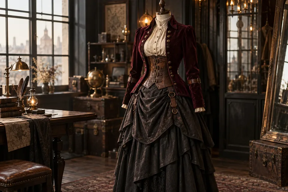 Tenue steampunk complète en velours grenat, cuir brun et tissus anthracite dans un atelier de tailleur