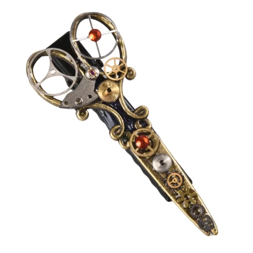 Barrette steampunk noire et bronze en forme de ciseaux ornés de rouages