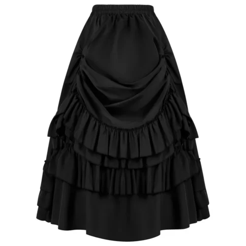 Jupe midi steampunk noire à volants étagés