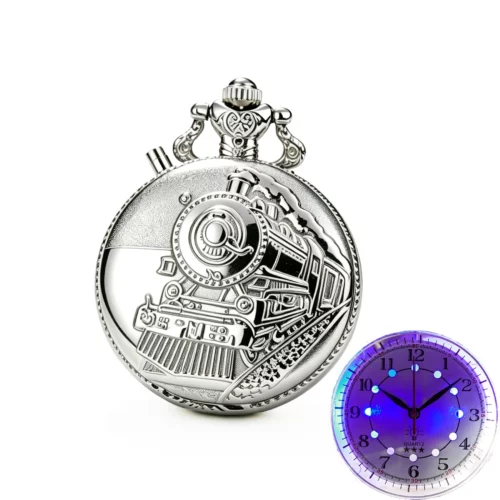 Montre à gousset argentée gravée d’une locomotive