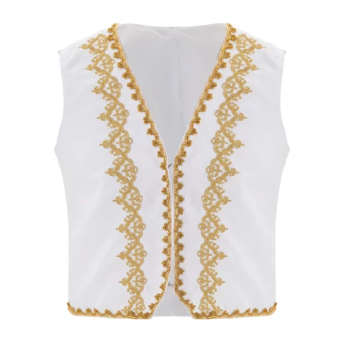Gilet beige clair sans manches orné de broderies dorées sur le devant