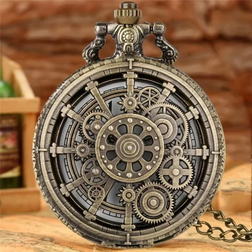 Montre à gousset steampunk ajourée à engrenages