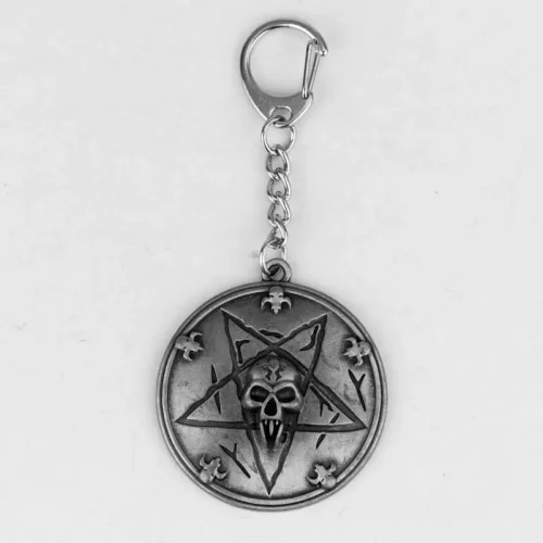 Porte-clés sombre à médaillon rond orné d’un pentagramme et d’un crâne