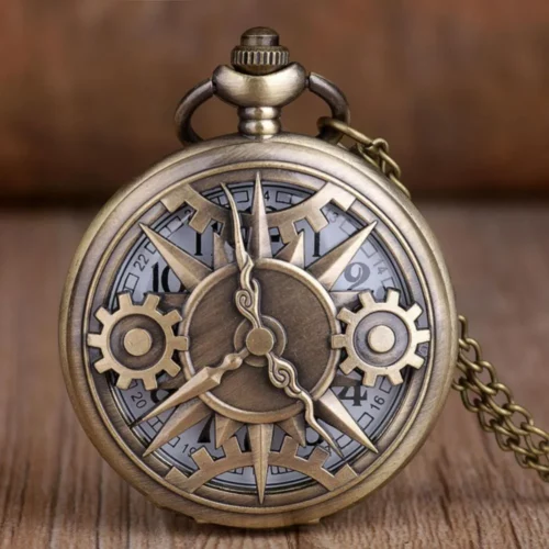 Montre à gousset bronze à cadran rose des vents et engrenages