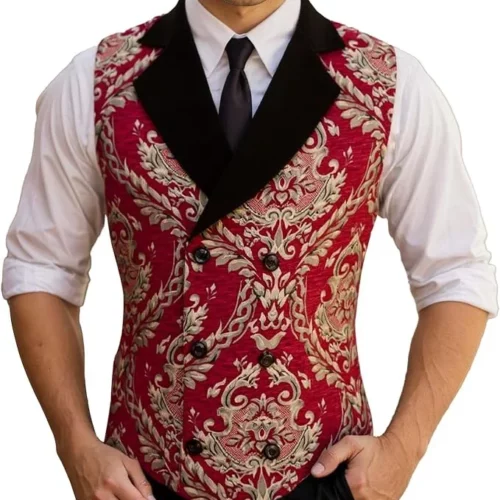 Gilet victorien rouge à jacquard baroque ivoire et revers noirs