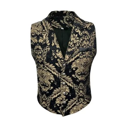 Gilet steampunk victorien noir à motifs baroques dorés