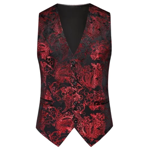 Gilet de cérémonie noir à arabesques rouges, col en V