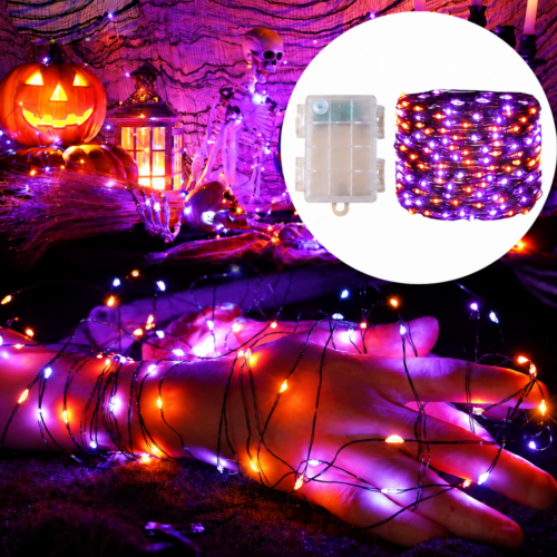 Guirlande LED violette et orange avec son boîtier à piles