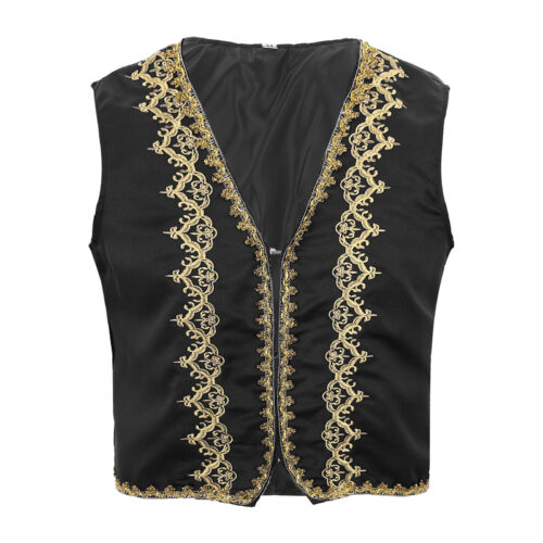 Gilet steampunk noir sans manches à broderies dorées, vue de face