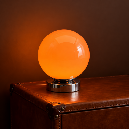 Lampe de table au globe orange en verre sur un socle métallique argenté