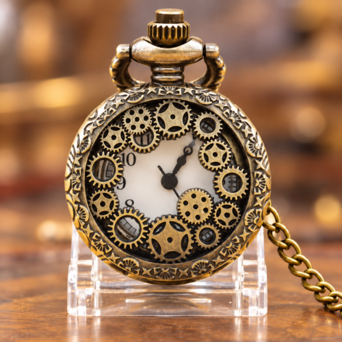 Montre à gousset ronde à finition brun-bronze, avec cadran ajouré, engrenages et chaîne