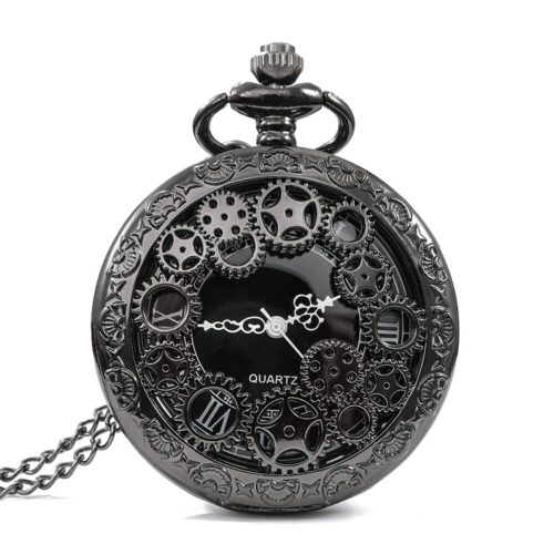 Montre à gousset noire à cadran ajouré, chiffres romains et engrenages