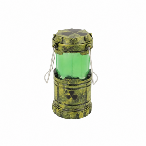Mini lanterne décorative bronze olive avec centre vert translucide et symbole de radiation