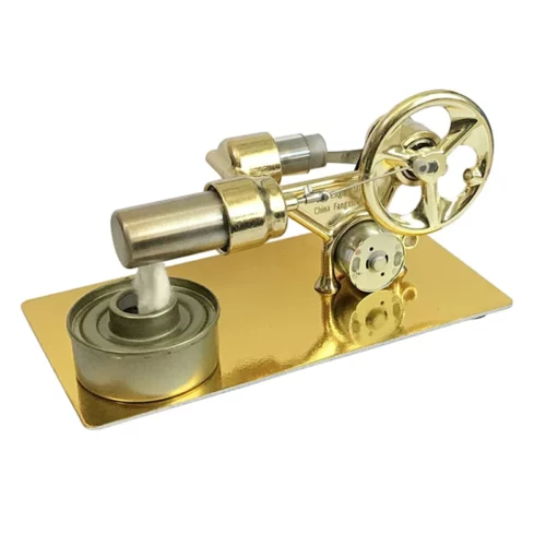 Modèle Stirling doré sur socle rectangulaire avec cylindres, grand volant et lampe à alcool
