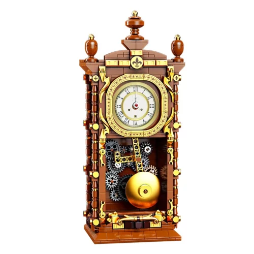 Horloge décorative à construire en briques brunes et dorées, avec cadran romain, engrenages et pendule.