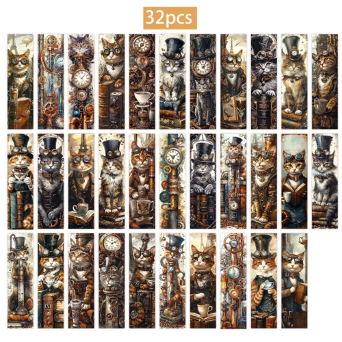 Vue des 32 marque-pages illustrés de chats, hauts-de-forme, cadrans et engrenages
