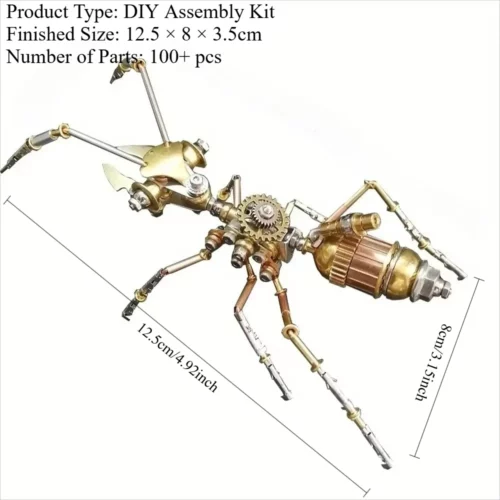 Fourmi mécanique en métal avec engrenages apparents et abdomen cylindrique, kit de plus de 100 pièces
